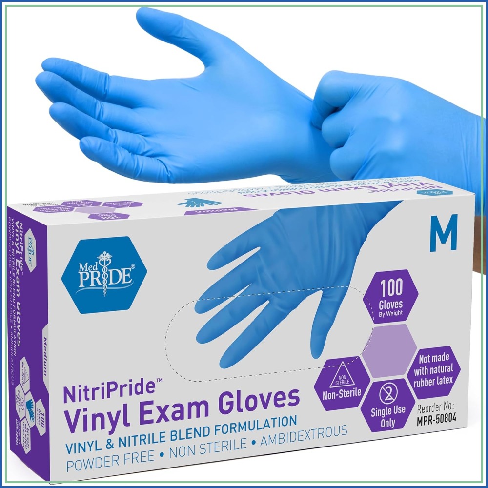 Exam Glove Nitrile - ถุงมือตรวจโรคผสมไนไตรล์/ไวนิล ปราศจากแป้ง สีฟ้า ขนาดกลาง บรรจุ 100