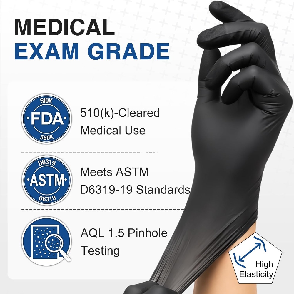 Exam Glove Nitrile - ถุงมือไนไตรล์สีดำแบบใช้แล้วทิ้ง ปราศจากแป้ง ปราศจากน้ำยาง บรรจุกล่องใหญ่ สำหรับตรวจทางการแพทย์ ปลอดภัยสำหรับอาหาร