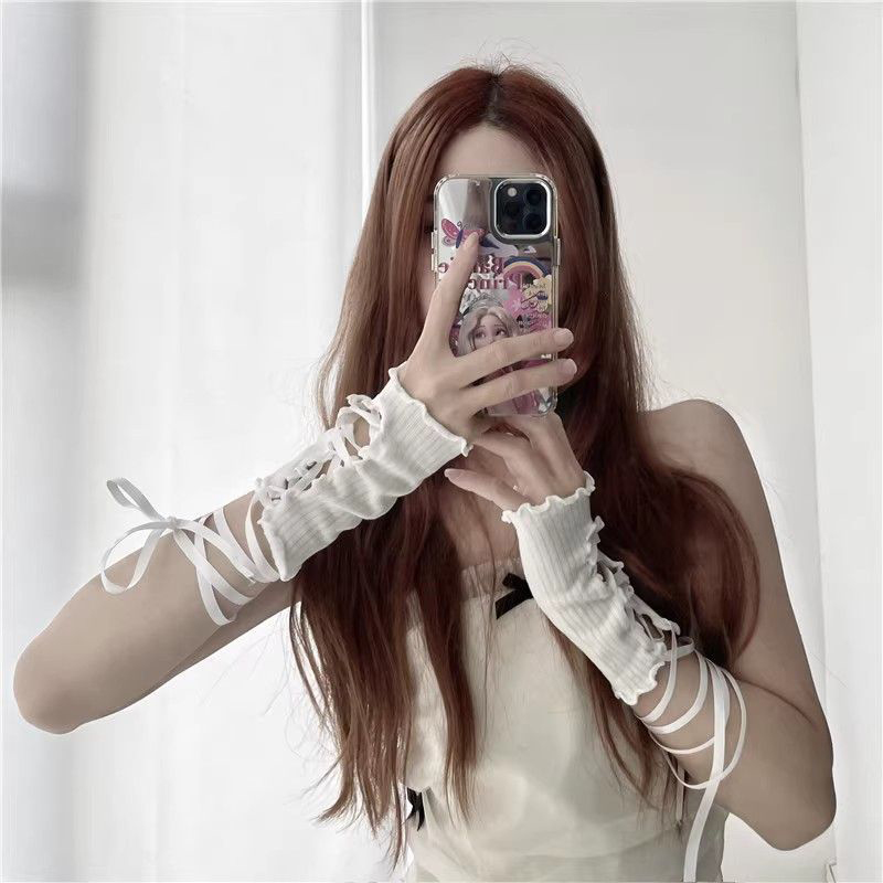 Fingerless Glove Knit - ปลอกแขนแบบไม่มีนิ้วสำหรับผู้หญิง ผ้าลูกไม้ ยืดหยุ่น ระบายอากาศ ป้องกันแสงแดด สไตล์พังก์