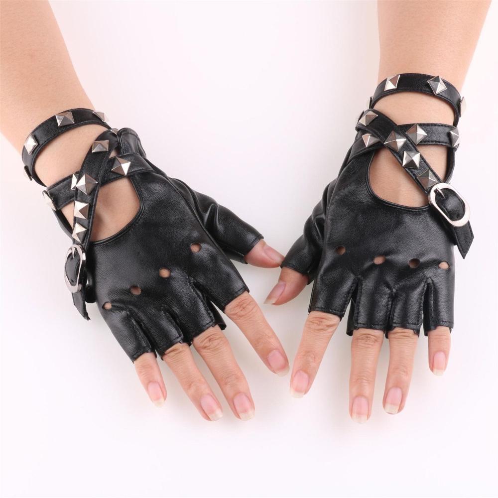 Leather Driving Glove - ถุงมือหนัง PU ใส่ได้ทั้งชายและหญิงถุงมือแนวพังค์สไตล์ร็อกแอนด์โรลสีดำแดงขาวแบบไม่ใส่ได้ทั้งชายและหญิง