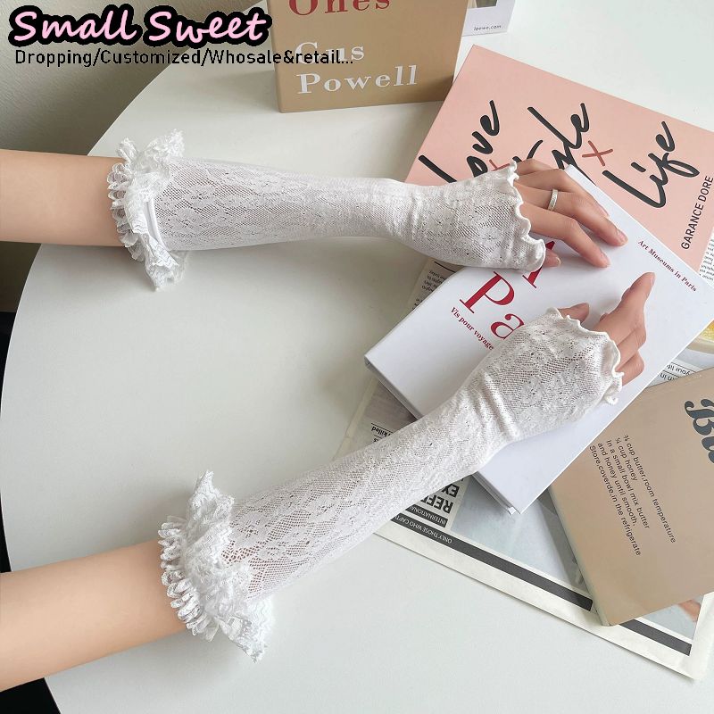Fingerless Glove Knit - ปลอกแขนสีขาวสไตล์ฮาราจูกุสำหรับผู้หญิง ปลอกแขนยาวแบบบางสไตล์บัลเลต์ โลลิต้า แจ็คเก็ต JK ผ้าลูกไม้