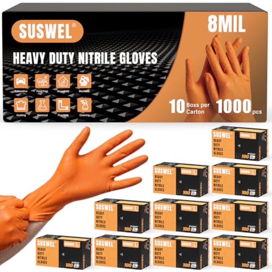 Nitrile Mechanic Glove - ถุงมือไนไตรล์สีส้มแบบหนา 8 มิล ลายเพชร แบบใช้แล้วทิ้ง สำหรับงานอุตสาหกรรมและช่างยนต์