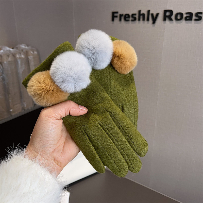 Wool Glove Lined - ถุงมือผู้หญิง ผ้าขนสัตว์ลายสก๊อต ขนฟ็อกซ์ ปอม ทัชสกรีน ฤดูหนาว