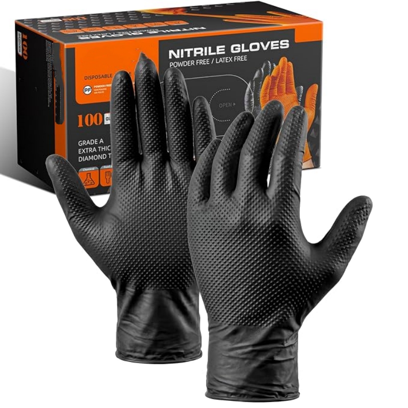 Rubber Glove Cleaning - ถุงมือไนไตรล์แบบใช้แล้วทิ้งสีส้มสำหรับงานหนัก 8 มิล ผิวสัมผัสแบบเพชร ทนทานต่อการฉีกขาด สำหรับช่างยนต์