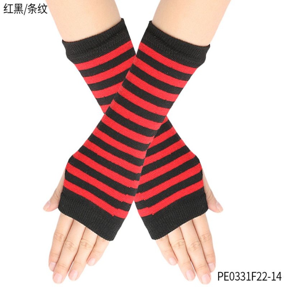 Fingerless Glove Knit - PESENAR ถุงมือไร้นิ้วลายทางสีแดงดำถุงมือถักสำหรับคอสเพลย์ฮาโลวีนและงานปาร์ตี้