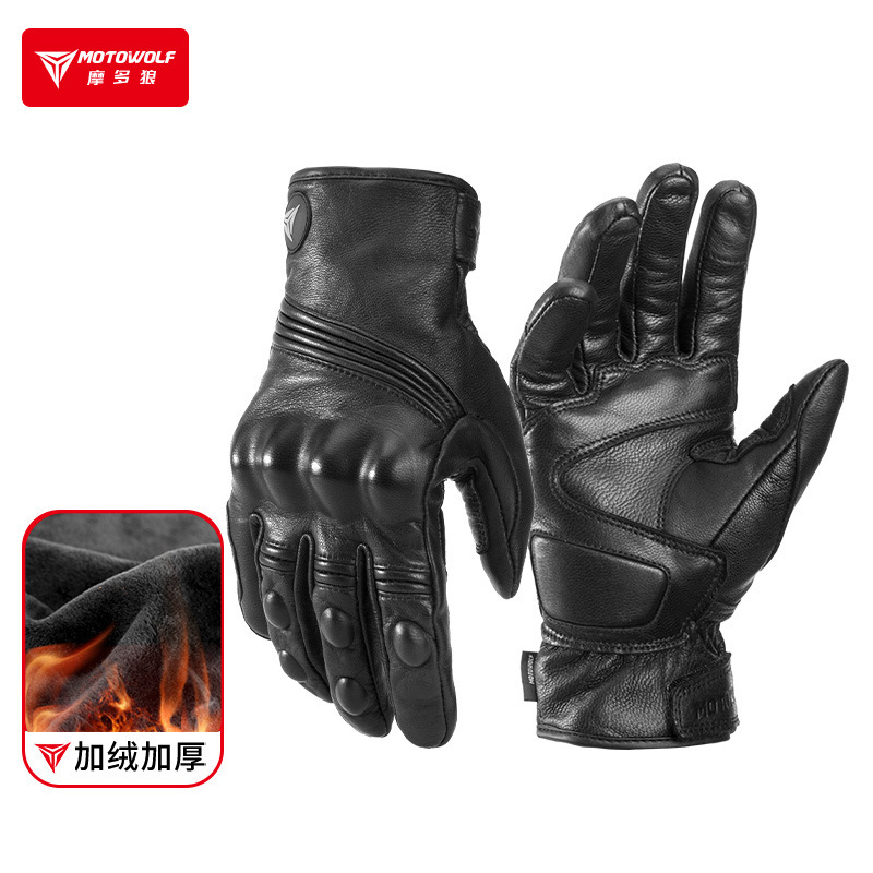Motorcycle Glove Knuckle - ถุงมือมอเตอร์ไซค์ฤดูหนาวสำหรับผู้ชายและผู้หญิง ป้องกันลม กันหนาว หน้าจอสัมผัสได้ หนังแท้ ถุงมือขี่รถมอเตอร์ไซค์