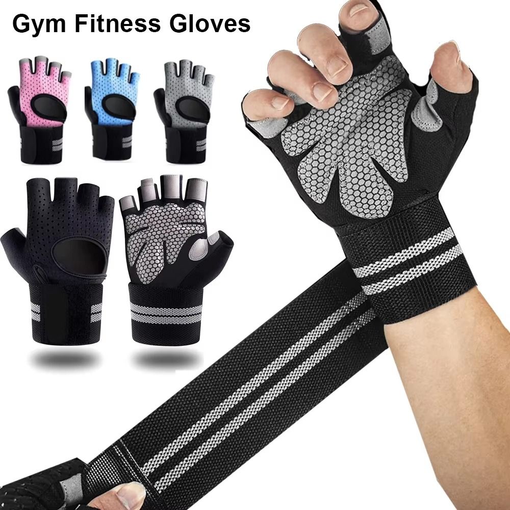 Workout Glove Gym - ถุงมือออกกำลังกายแบบครึ่งนิ้ว 1 คู่ พร้อมสายรัดข้อมือ ป้องกันการลื่น ระบายอากาศได้ดี
