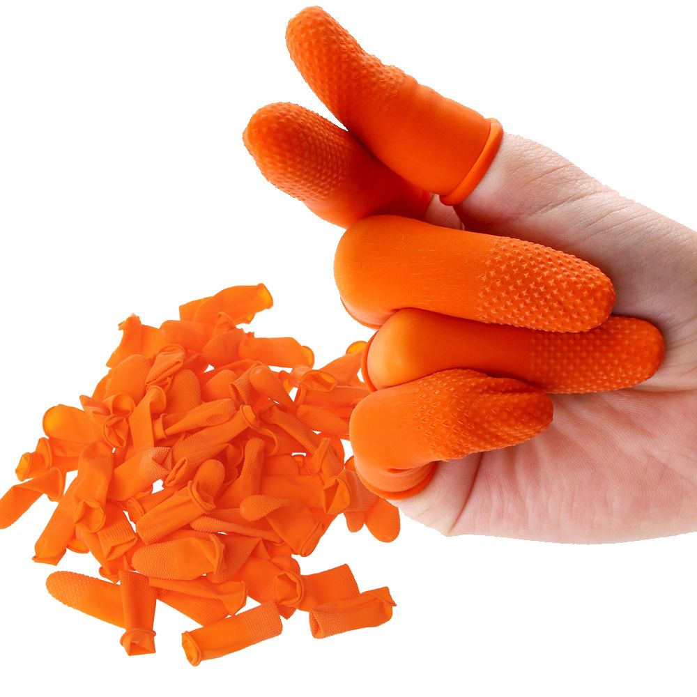 Rubber Glove Cleaning - อุปกรณ์ทำความสะอาดเล็บ 100 ชิ้น ถุงมือยางคลุมนิ้วทำจากยางธรรมชาติ สีส้ม ป้องกันนิ้วมือ