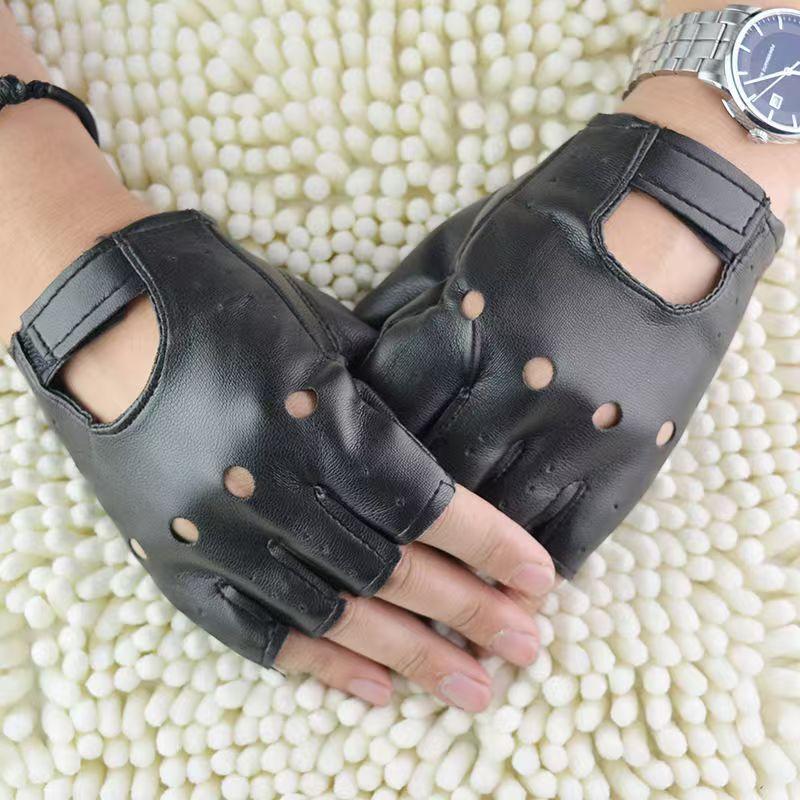 Leather Driving Glove - ถุงมือหนังเทียมแบบครึ่งนิ้วสำหรับผู้ชายและผู้หญิง สไตล์พังก์ ฮิปฮอป สำหรับขับรถ ขี่มอเตอร์ไซค์ แสดงโชว์