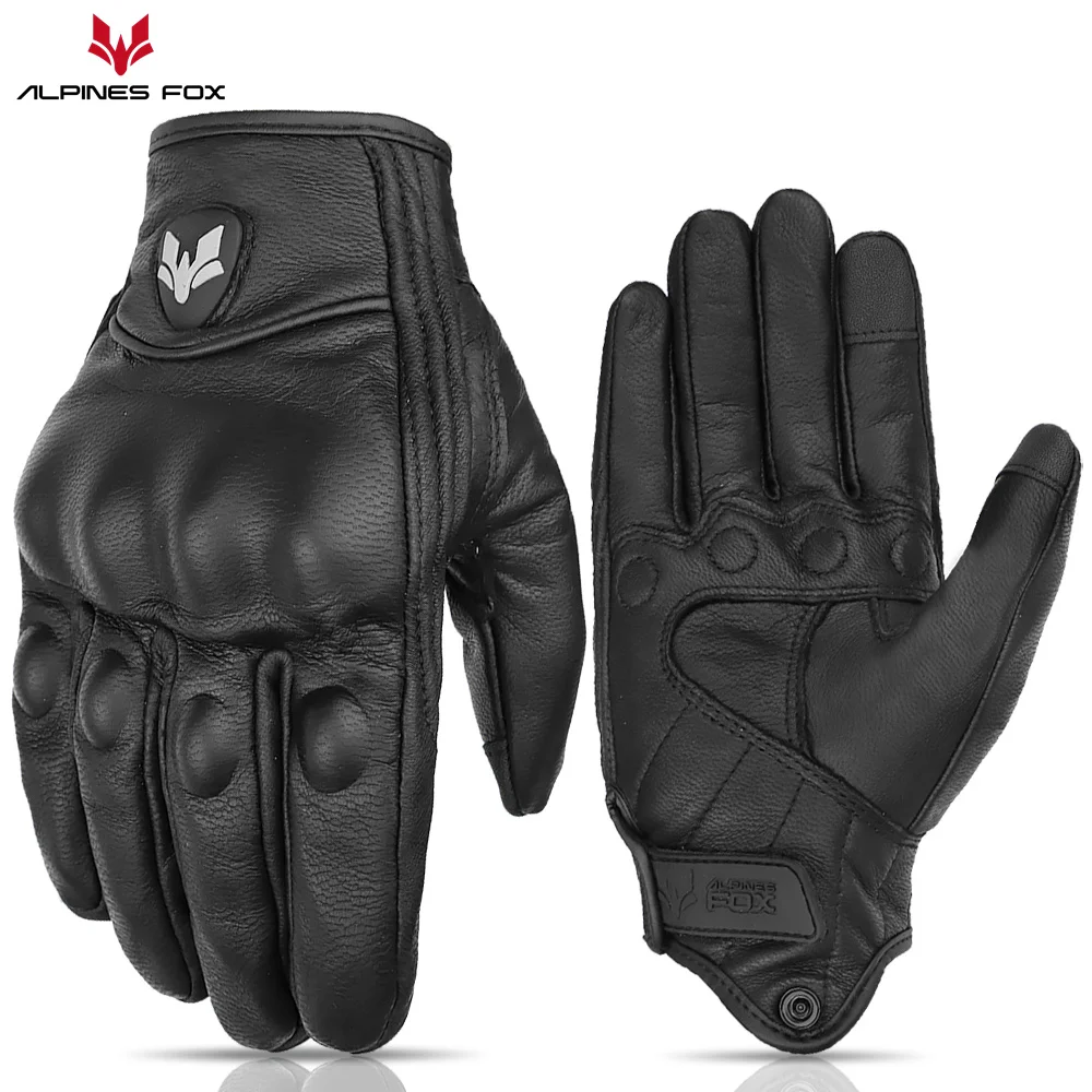 Motorcycle Glove Knuckle - ถุงมือมอเตอร์ไซค์หนังวินเทจ unisex - หน้าจอสัมผัสช่องระบายอากาศคู่ขี่ทุกฤดูกาลถุงมือนักขี่จักรยานแบบปรับได้พร้อมเกราะข้อนิ้ว
