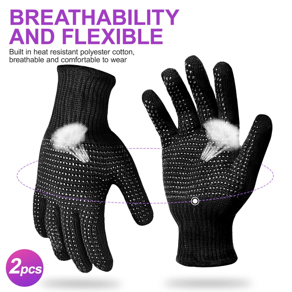 Heat Resistant Glove - ถุงมือกันความร้อนพร้อมปุ่มซิลิโคน ถุงมือกันความร้อนระดับมืออาชีพสำหรับจัดแต่งทรงผม ที่ม้วนผม ที่หนีบผมตรง สีดำ