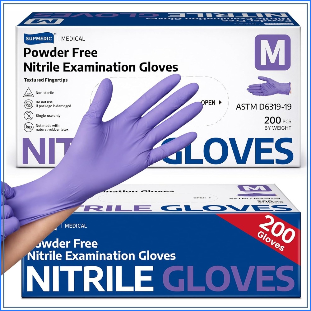 Exam Glove Nitrile - ถุงมือไนไตรล์แบบใช้แล้วทิ้ง 200 ชิ้น ปราศจากน้ำยาง ปราศจากแป้ง ปลอดภัยสำหรับผู้ป่วยเคมีบำบัด