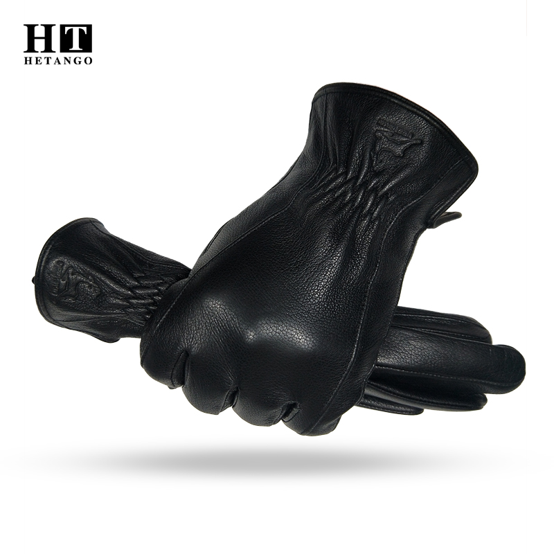 Wool Glove Lined - ﻿ ถุงมือหนังหนังกลับสีดำสำหรับผู้ชายฤดูหนาว บุขนแกะนุ่ม อุ่นสบาย ใช้กับหน้าจอสัมผัสได้ เหมาะสำหรับกิจกรรมกลางแจ้งและการขับขี่