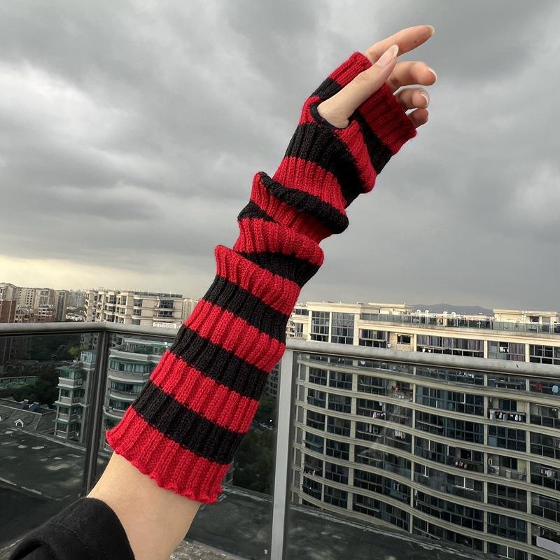 Fingerless Glove Knit - ถุงมือไหมพรมถักลายทางสไตล์โกธิค แขนยาว อุ่นสำหรับฤดูหนาว สำหรับผู้หญิง ใช้กลางแจ้ง