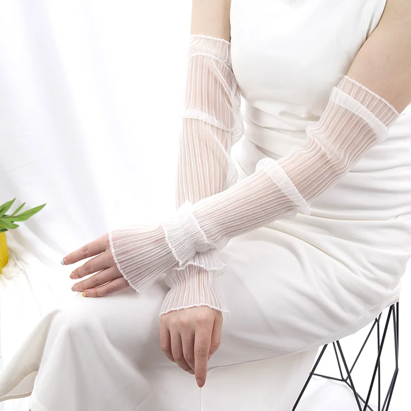 Fingerless Glove Knit - ฤดูร้อนถุงมือยาว Fingerless ผู้หญิงกลางแจ้ง Sun Protection แขนลูกไม้บางตาข่ายแขนครีมกันแดด
